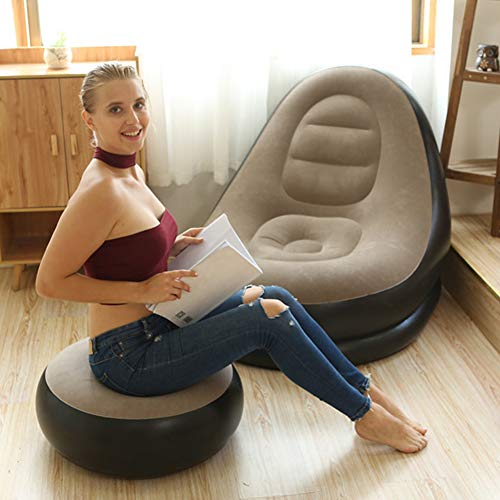 Inflatable Lounge Chair for Adults, Portable Folding Inflatable Blow Up Couch with Foot Stool, Lazy Flocking Recliner Chair Air Sofa for Indoor Outdoor Travel Camping (No Pump)(Coffee) - color: Coffee