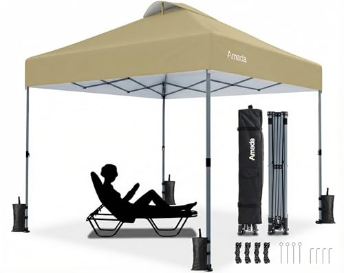 Amada 10x10 Pop Up Canopy Tent, 1-Button Push Easy-up Outdoor Canopy Beach Tent with 3-Height Adjustable Waterproof Shade Shelter, Wheeled STO-N-Go Bag 8 Stakes, 4 SandBags (Khaki) - color: Khaki, size: 10x10ft
