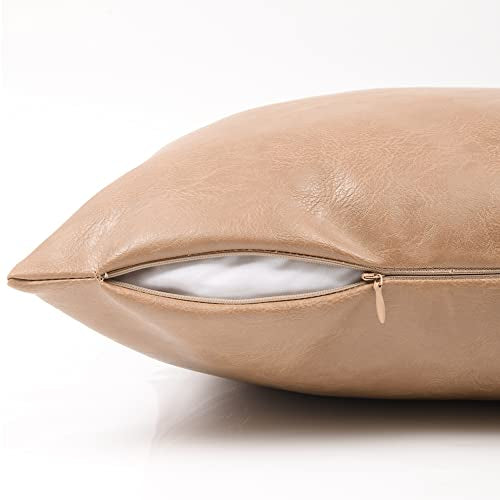 Fancy Homi 2 Packs Tan Lumbar Waterproof Faux Leather Decorative Throw Pillow Covers 12x20 Inch for Outdoor Couch Bed, Beige Hand Stitched Cushion Case 30x50 cm, Taupe Modern Farmhouse Home Decor - color: Tan, size: 20" x 12" (Pack of 2)