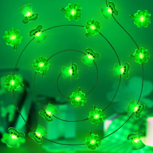 Zhanmai 2 Pcs St. Patrick's Day String Lights Decorations Shamrocks LED Decor 10ft 30 LEDs Horseshoe Leprechaun Hat Fairy Battery Operated Lights,for Green Decor Bedroom Feast Party - style: Shamrock and Hat