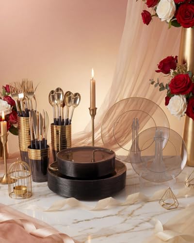 Supernal 180PCS Black and Gold Plastic Dinnerware Set - Black Plastic Plates with Disposable Silverware Include 30 Dinner / 30 Dessert Plates, 30 Forks,30 Knives,30 Spoons & 30 Cups for Party&New Year - color: 180pcs Black and Gold Dinnerware Set