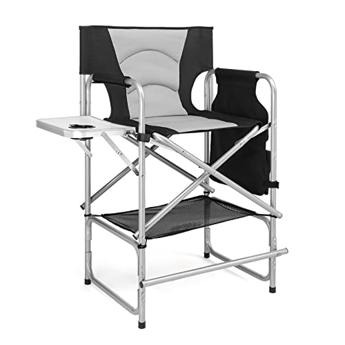 mefeir Tall Camping Chair Makeup Artist Director Chair 26" Counter Height, Portable Folding Design with Side Table, Cup Holder & Side Storage Bag, Heavy-Duty Iron Frame (300 lbs Capacity) - color: Black/Gray, size: 26in
