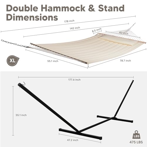 SUNCREAT Double Outdoor Hammock with 15 ft Stand, Standing Patio Hammocks for Outside, Beige - color: Beige, size: 15 ft Stand