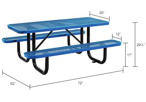 Global Industrial 6’L Rectangular Picnic Table, Expanded Metal, Blue Thermoplastic Coating, Attached Benches, 1-1/2” Umbrella Pole Hole, Outdoor-Rated, 1000 lb Capacity, 72” x 30” Tabletop - color: Blue