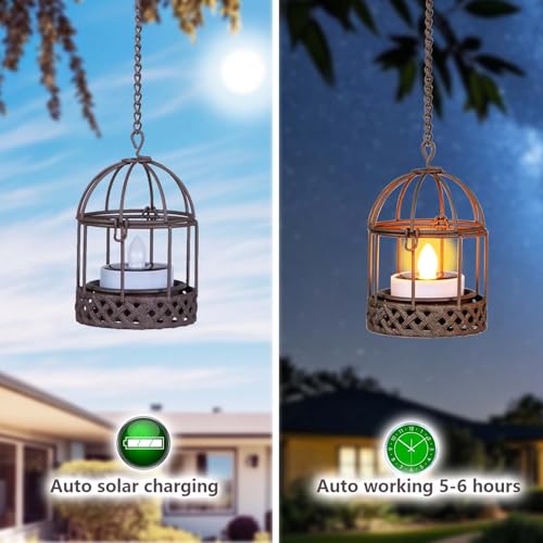 Solar-Hanging-Lanterns-Outdoor-Waterproof, Rust Birdcage Style Candle Holders with Flickering Solar Tea Lights for Backyard Patio Garden Fence Tree Decoration (3)