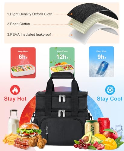 Insulated Lunch Bag for Men & Women, Double Leakproof Lunch Box Soft Cooler Tote with 5 Pockets, 600D Oxford, EVA Lining, Adjustable Strap for Work, Picnic, Beach&Travel-Black - color: Black, size: Double