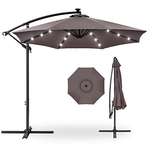Best Choice Products 10ft Solar LED Offset Cantilever Hanging Market Patio Umbrella, 8 Sturdy Ribs, Easy Adjustment - Deep Taupe - color: Deep Taupe, size: Offset
