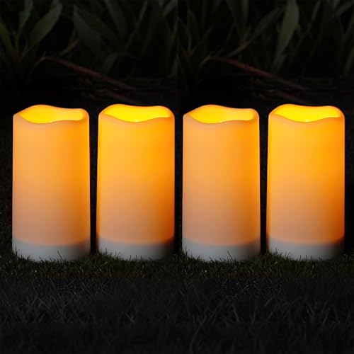Homemory Solar Candles Outdoor Waterproof, Rechargeable Candles, Solar Powered Flameless Candles for Outdoor, Lanterns, Sensor Only, Dusk to Dawn, 3"x6", Set of 4 - size: D3"xH6", 4 Pcs, Plastic