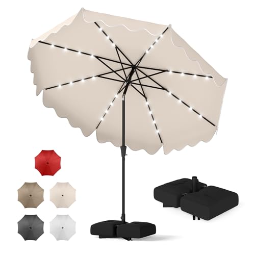 Tangkula 10 FT Solar Patio Umbrella with Base Included, 2-Tiers Outdoor Scalloped Table Umbrella with 32 LED Lights, 2 Sandbags, Tilt Adjustment, Crank, 8 Ribs for Market Backyard Pool Deck Beach Lawn (Beige, 10 FT) - color: Beige, size: 10 FT