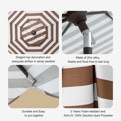 Tempera 9ft Auto Tilt Scalloped Patio Umbrellas Outdoor Table Umbrellas with Fade Resistant Canopy, 8 Sturdy Rids, Luxurious Vintage Umbrellas for Lawn, Pool, Deck, Balcony - color: Beige Khaki Stripe, size: 9 FT