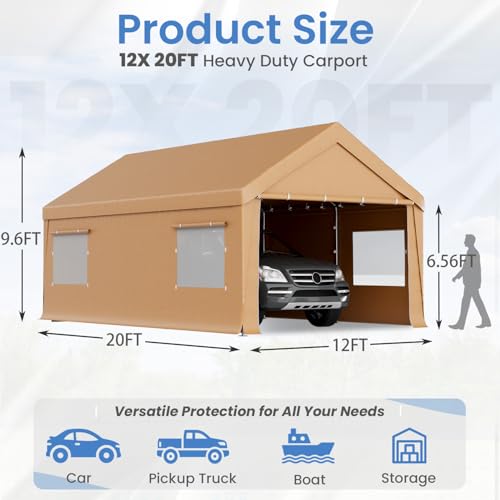 Bezseller 12x20 FT Heavy Duty Carport Canopy with Removable Sidewalls, Portable Garage Tent with Roll-Up Windows & Doors, Car Port with All-Season Tarp for Cars, Trucks, Boats, Yellow - color: Yellow, size: 12 X 20