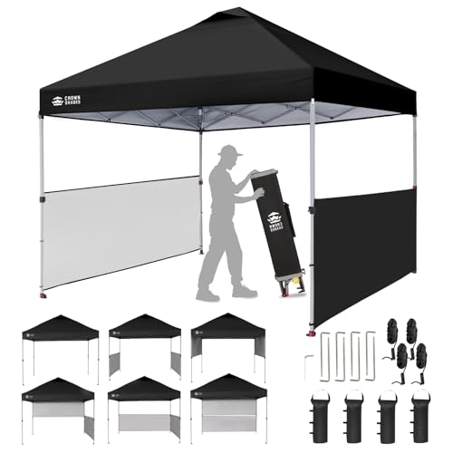 CROWN SHADES 10x10 Pop up Canopy Tent Instant Canopy with 150D Silver Coated Fabric Including 2 Half Sidewalls, 4 Ropes, 8 Stakes, 4 Weight Bags, STO 'N Go Bag, Black - color: Black