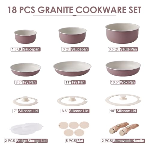 Pots and Pans Set Nonstick - YIIFEEO Kitchen Cookware Sets Detachable Handle Pot and Pan Set Removable Handle Camping Cooking Set, Oven Broiler Safe 550F Non Toxic Frying Pans for Cooking Pan Set Gift - color: Purple
