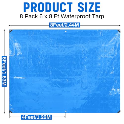 8 Pack 6 x 8 ft 5.5 Mil Large Tarps Heavy Duty Waterproof Tarp Multi Purpose Tent Cover for Home Boats Cars Camping Patio Furniture Roof Emergency Rain Protective Cover, Blue - color: Blue, size: 6 x 8 ft