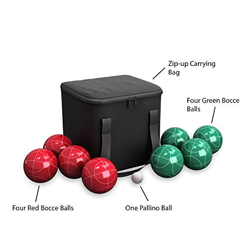 HEY! PLAY! Bocce Ball Set - Lawn Game for Backyard, Beach, or Wedding - Includes Red and Green Bocce Balls, Pallino, and Carrying Case by Trademark Games
