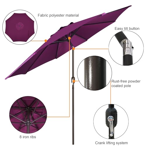 Blissun 9' Outdoor Patio Umbrella, Outdoor Table Umbrella, Yard Umbrella, Market Umbrella with 8 Sturdy Ribs, Push Button Tilt and Crank - color: Dark Magenta