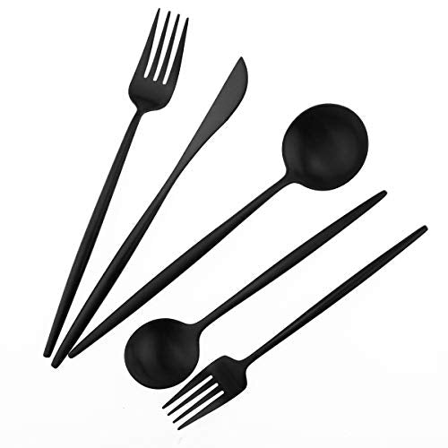 Matte Balck Silverware Set,Gugrida 5-Piece 18/10 Stainless Steel Satin Finish Flatware Set,Kitchen Utensil Set,Tableware Travel Cutlery Set for Camping Office or School Lunch, Dishwasher Safe - color: Black, size: Service for 1
