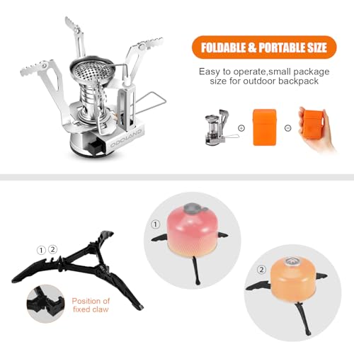 Odoland Camping Cookware Stove Carabiner Canister Stand Tripod and Stainless Steel Cup, Tank Bracket, Fork Spoon Kit for Backpacking, Outdoor Camping Hiking and Picnic - color: Orange