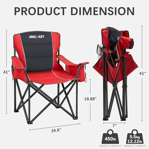 Unisakey Oversized Folding Camping Chair for Adults - 450lbs Support - Heavy Duty Portable Lawn Chairs with Side Pocket Cup Holder Cooler Bag for Sports Garden Beach Fishing, Red - color: Red