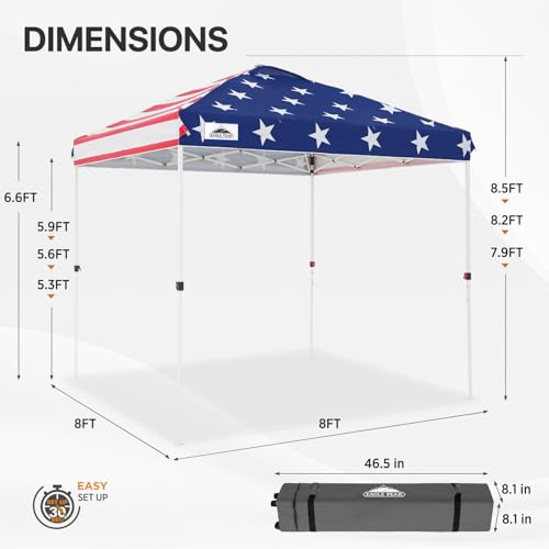 EAGLE PEAK Pop Up Canopy Tent with Wheeled Carry Bag, 8 Stakes, 4 Ropes, Easy Set Up Tent Canopy, 8x8 ft, American Flag - color: American Flag, size: 8x8