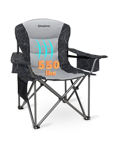 KingCamp Oversized Camping Chair with Adjustable Lumbar Support, 550lbs Heavy Duty Padded Folding Lawn Chair for Adults, Outdoor Armchair with Cooler Bag, Cup Holder & Side Pocket for Fishing, Travel - color: 1 Pack-grey/Lightgrey