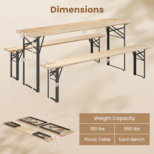 Giantex 3-Piece Folding Picnic Table with Benches Set, Solid Wood Camping Beer Table Bench Set with Metal Frame, Portable Patio Dining Furniture, Indoor & Outdoor Folding Table and Chairs for 4 (70'') - size: 70''