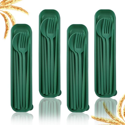 4 Sets Reusable Utensils Set with Case,Camping Cutlery Set Travel Silverware Set with Case Lunch Utensils Set for Work,Utensil Sets for Lunch Picnic Daily Use Outdoor (Darkgreen) - color: Darkgreen