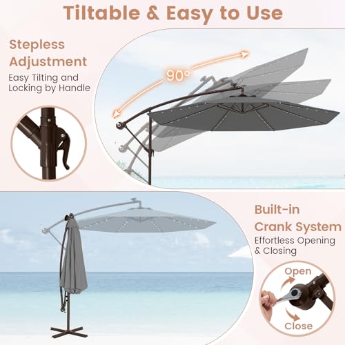 Tangkula 10FT Offset Patio Umbrella with Base Included, Outdoor Cantilever Umbrella with 40 Solar LED Lights, Tilt Adjustment, Crank Handle, Vented Top, Sand Bags for Pool Yard Deck (Gray) - color: Gray