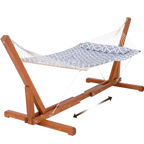 SUNCREAT Outdoor Double Hammock with Stand, Two Person Cotton Rope Hammock with Polyester Pad, Circle Pattern - color: Pad-gray Pattern
