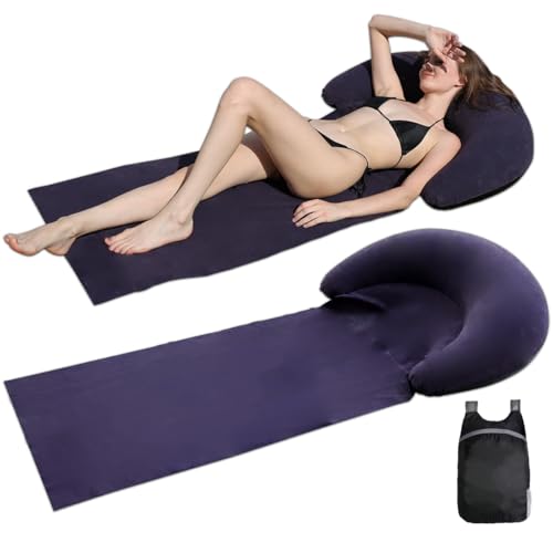 Inflatable Beach Mat Lounge Chair, Outdoor Sunbathing Sleeping Pad with Inflatable Pillow, Portable Flocking Beach Lounge Chair, Suitable for Lawn, Outdoor Camping, Travel, Beach Vacation (Navy) - color: Navy