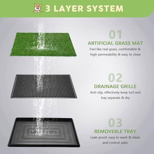 Dog Grass Pad with Tray, 25" x 20" Indoor Artificial Grass Pee Pad for Puppy Potty Training, Portable Dog Toilet Pet Loo, 3-Layer System - size: M 25x20x1.2IN-1 Grass Pad