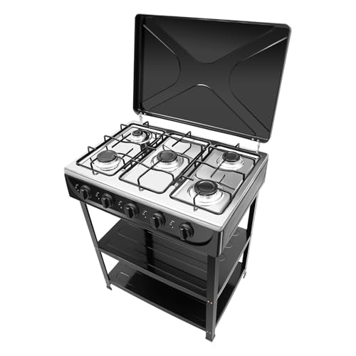 5 Burner Gas Stove with Wind Shield Portable 2.5KW Natural Gas Stove with 2 Storage Shelves for RV Apartment Outdoor Cooking - style: 5 Burner-Black