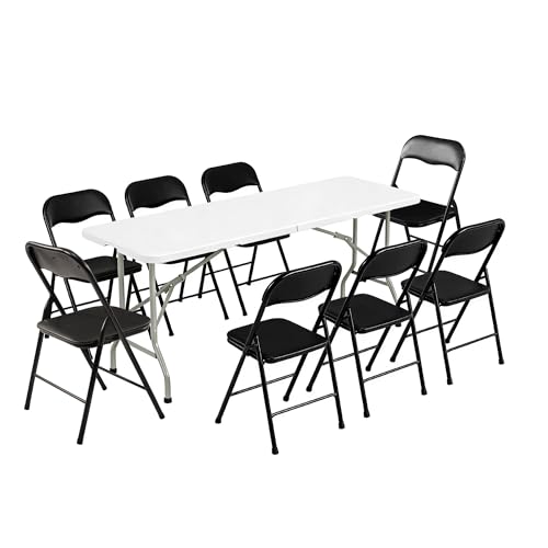 Elevon Folding Table Set with 8 Black Folding Chairs,6 Feet Heavy Duty Fold-in-Half Utility Table Sets for Picnic, Event, Training, Outdoor Activities, at Home and Commercial Use - size: 6 feet, style: With 8 Black Chair
