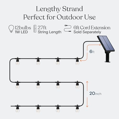 Brightech Ambience Pro Solar Powered Outdoor String Lights - 27 Ft Commercial Grade Waterproof Patio Lights with Edison Globes, Shatterproof LED String Lights for Patio - 12 Bulbs, 1W, Soft White - color: (3000K) Soft White