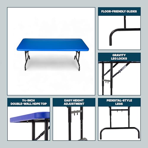 OEF Furnishings OEFBTA-3072-04 Adjustable-Height Commercial-Grade Premium Industrial Folding Table, 6-Foot Pedestal-Leg Design with 17-Gauge Steel Frame and Thick Double-Wall Top (72" × 30", Blue Top) - color: Blue