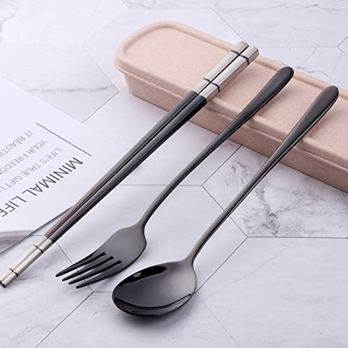 3 PCS Outdoor Flatware Set Fork Spoon Chopsticks/Travel Flatware Set with a Case - color: Black