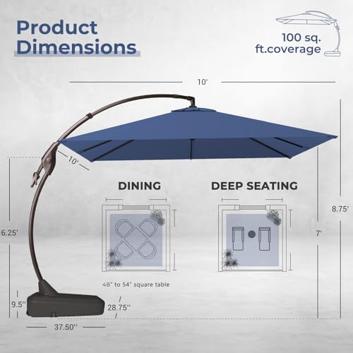 Grand patio 10x10 FT Patio Cantilever Umbrella with Base Outdoor Large Square Tilting Offset Umbrellas for Poolside Deck (Navy Blue, 10x10 FT) - color: Navy Blue, size: 10X10 FT