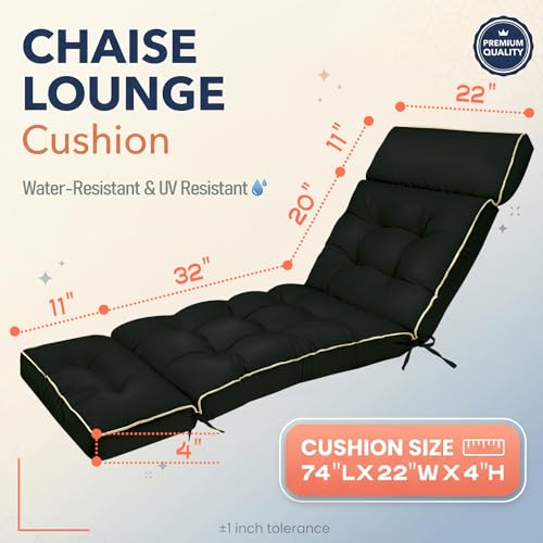 MAGIC ELEPHANT Chaise Lounge Cushion Outdoor, Memory Foam Patio Lounge Chair Cushion with Ties for Indoor Outdoor Furniture, Waterproof Replacement Long Chair Cushion (Black) - color: Black