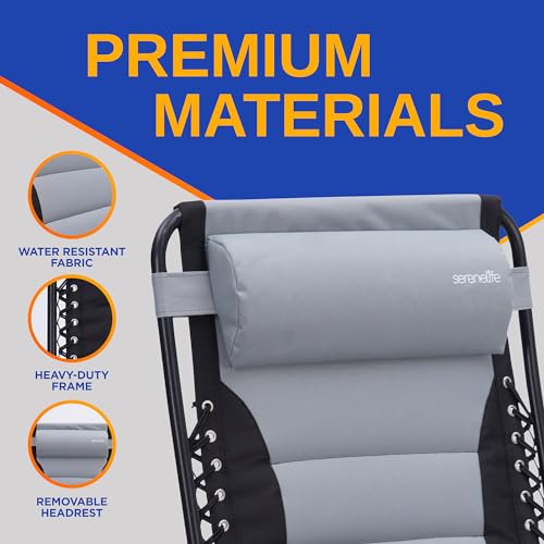 SereneLife Padded Zero Gravity Lounge Chair - Reclining Patio Chairs - Outdoor Lounge Chairs with Detachable Cup Holder Tray - Folding Recliner Chair with Removable Pillows - 1, Gray and Black - color: Grey