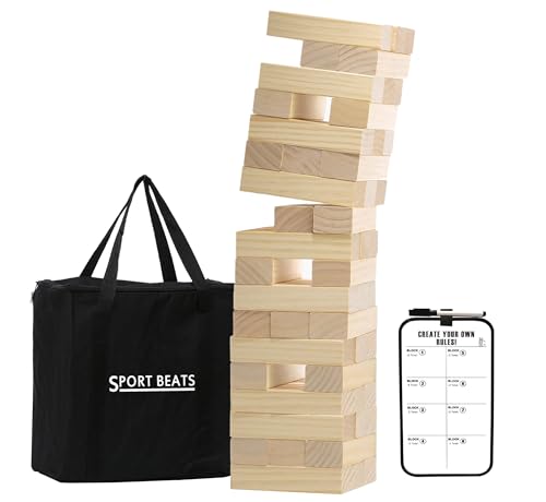 Outdoor Games Medium Wooden Tower Stacking Game - 54 Premium Pine Blocks Stack up to 3FT with Custom Rules Board & Heavy Duty Carry Bag - Outdoor Lawn Games for Backyard Parties, Camping, Tailgating - color: Natural, size: Medium