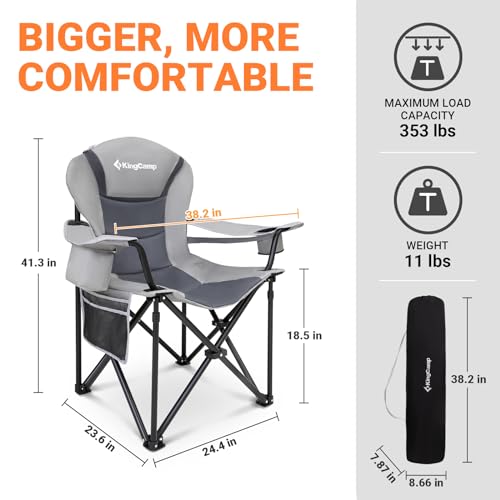 KingCamp Oversized Camping Folding Chair with Lumbar Support, Heavy Duty Ergonomic Padded Arm Chair with Cooler Bag, Cup Holder, Portable for Outdoor - color: High Back-grey-1 Pack