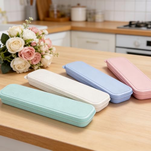 Travel Cutlery Case Portable Utensil Holder Travel Silverware Case Flatware Storage Box Camping Utensils Cases for Fork Spoon Chopsticks Lunch Box, 8.26 x 2.1 Inches (Beige, Green, Small) - color: Beige, Green, size: Small