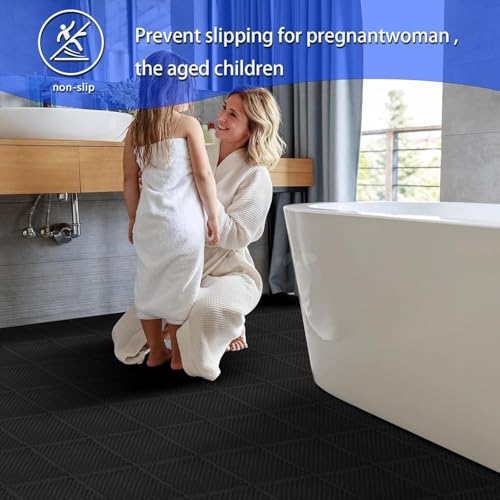 16 PCS Modular Interlocking Cushion Interlocking Floor Tiles with Hole Drainage Mat 10" x 10" Non Slip Pool Deck Mat Outdoor for Drain Deck Pool Patio Shower Kitchen Balcony (Black) - color: Black