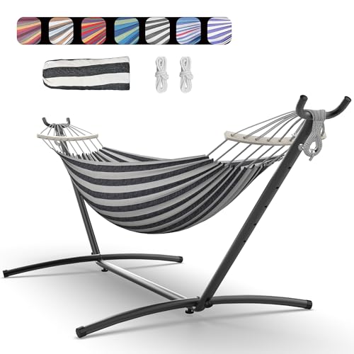 Everyfun Hammock with Heavy-Duty Steel Stand,Portable,Easy Assembly,600lbs Weight Capacity,Suit for Indoor,Yard,Camping,or Outdoor,Black White - color: Dc-black White