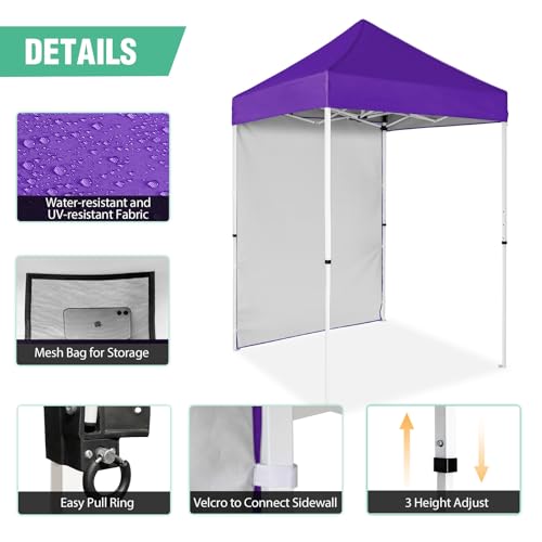 5x5 Pop Up Canopy Tent with One Sidewall, Instant Portable Beach Canopy, Outdoor Tent with Carry Bag for Camping, Sports, Tailgating, Events, Purple - color: Purple, size: With One Wall