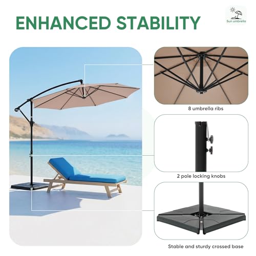 NEWBULIG 10FT Patio Umbrella, Offset Cantilever Outdoor Patio Table Umbrella, UV Protection, Fade Resistant Fabric, Easy Tilt Adjustment for Pool, Deck, Garden, Backyard - color: Khaki, size: 10FT-with 4 Bases