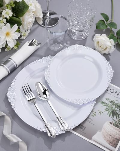 Nervure 350PCS Silver Plastic Plates - Silver Plastic Dinnerware Sets for 50 Guests - 100 Disposable Plates, 150 Silverware, 50 Cups, 50 Napkins for Wedding & Party - color: White and Silver