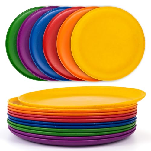 10.5 inch Wheat Straw Dinner Plates Plastic Plates Reusable, set of 12 Multicolor Microwave and Dishwasher Safe BPA Free Eco Friendly