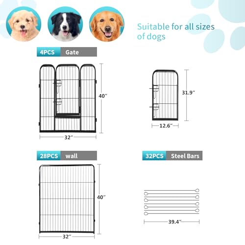 FDW Dog Playpen Dog Pen Dog Kennel 32 Panels 40 Inch Hight Indoor Outdoor Folding Metal Portable Puppy Exercise Pen Heavy Duty Dog Fence for Yard Camping,Black - style: 32 Panels