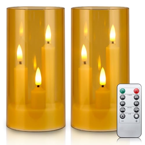 Enido Gold 2 Pc 3-in-1 Taper Flameless LED Candles with Remote, Battery Operated Acrylic Pillar Set, 3" x 6" Flickering Electric Lights for Cozy Home & Holiday Romantic Decor - color: Amber